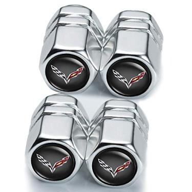 Imagem de Tampa da haste da válvula de pneu para Corvette C1 C2 C3 C4 C5 C6 C7 C8 Racing 1LT 2LT 3L Vedação de anel de vedação de pneu resistente à corrosão tampas de válvula pacote com 4 prata