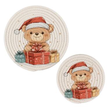 Imagem de Wassud Cute Bear Conjunto de trivet de Natal para pratos quentes, suportes redondos de algodão, almofadas quentes, porta-copos elegantes, decoração de cozinha e acessórios, 2 peças