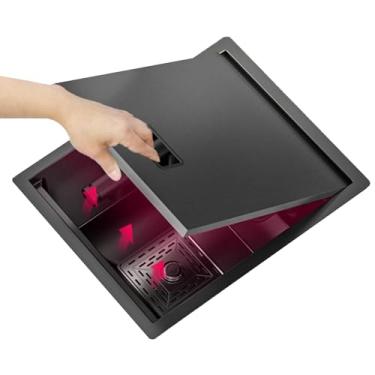 Imagem de PVXMQFFA Pia invisível com tampa de torneira de elevação removível RV Studio Outdoor Bar pia de cozinha pia oculta de aço inoxidável lavatório de vegetais (40 * 44 * 22 cm)