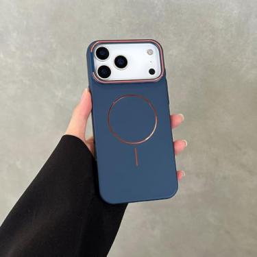 Imagem de Capa fina e dourada com suporte magnético para lente, compatível com iPhone 17 Pro Max, 17, 16, 15, 14 e 13 Pro. Feita em PC+TPU, na cor azul. Também compatível com iPhone 13 Pro Max.