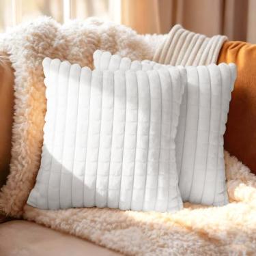 Imagem de Capa de almofada quadriculada de pelúcia, 17,16 × 17,40 cm, fronhas quadradas super macias, pele moderna, para cama, sala de estar, carro, branca