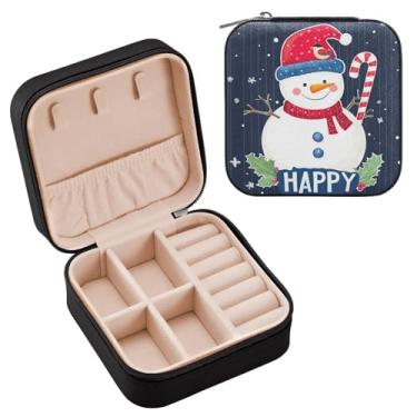 Imagem de Wassud Lindo boneco de neve de Natal, estojo de joias de viagem para mulheres, meninas, senhoras, noiva, mini organizador de joias de couro PU, caixa quadrada de armazenamento de joias para brincos