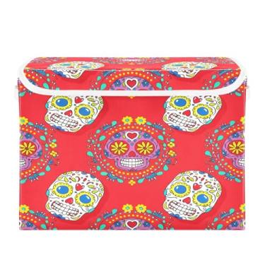 Imagem de CEBUGI Caixotes de armazenamento com tampas, caixa de armazenamento de tecido dobrável, caveiras de açúcar coloridas, caixas organizadoras para armário de casa, prateleiras de quarto, 40 x 30 x 38 cm