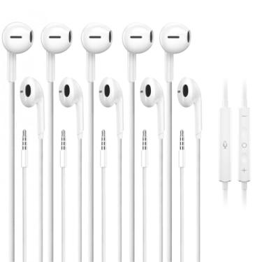 Imagem de basecolors Fones de ouvido de 3,5 mm com fio, pacote com 5 unidades, intra-auriculares com microfone e controle de volume, compatível com iPhone, iPad, iPod, Android, laptop, PC, MP3, MP4 (1,2 m/4 pés