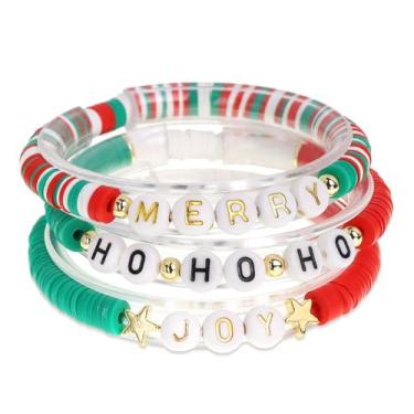 Imagem de Agriajun Conjunto de pulseiras de Natal com contas para mulheres adolescentes, contas de argila feitas à mão, pulseiras elásticas de letras a granel, ajustável, branco, vermelho, verde, amizade, empilhável, presente de joias de Natal, 7.5, Vidro, Sem pedras preciosas