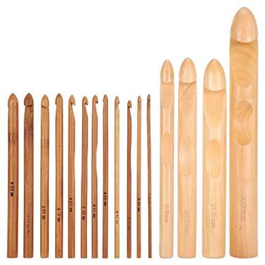 Imagem de CUOFYUNL 16 unidades conjunto de gancho de crochê de madeira de bambu cilíndrico ferramentas de tecelagem de agulhas de tricô
