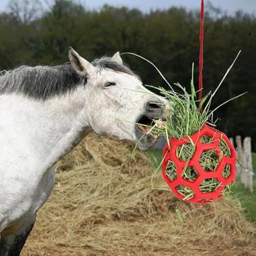 Imagem de Midnight Suprise Bola alimentadora de feno de cavalo vermelho – Brinquedo suspenso para cavalos, bola de alimentação lenta TPR elástica durável para entretenimento estável e pastagem