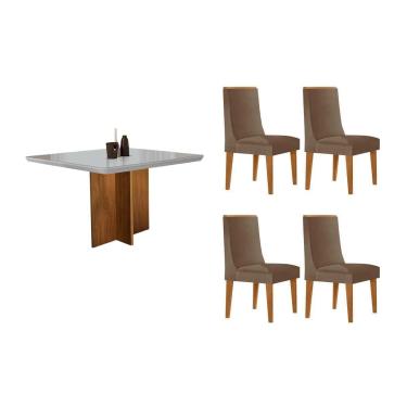 Imagem de Sala Jantar Mesa Berlim Tampo c/ Vidro Curvo 90cm+ 4 Cadeiras Dakota Madeira Naturale/Off White - Capuccino/Corano Capuccino - Rufato
