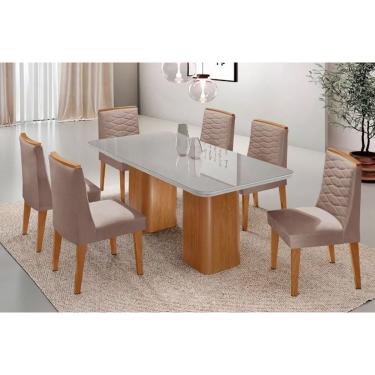 Imagem de Sala Jantar Mesa Maldivas Tampo c/ Vidro Curvo 180cm+6 Cadeiras Maldivas Madeira Naturale/Off White - Capuccino/Linho Capuccino - Rufato