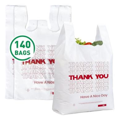 Imagem de Soeos Sacos plásticos Thank You, 140 unidades, saco de compras branco com alças para supermercado, loja conveniente, restaurante (feito nos EUA)