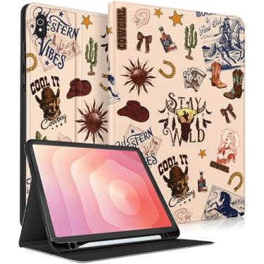 Imagem de Wazzasoft Capa para Samsung Galaxy Tab S11 – Capa tipo fólio inteligente com porta-lápis embutido, design fofo para tablet Samsung S11 de 11 polegadas (SM-X730/X736/X736B), capa caubói ocidental