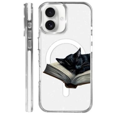 Imagem de MQJCYB Capa magnética para iPhone 16 Plus com design em base transparente, compatível com MagSafe, capa protetora fina de poliuretano termoplástico macio para mulheres e meninas - preto gato livro