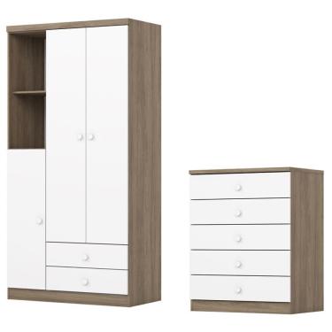 Imagem de Guarda Roupa 3 Portas e Comoda 5 gavetas Bala de Menta Branco Henn