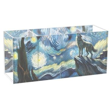Imagem de TSENQUE Wolf Starry Night Floral Porta-lápis de acrílico fofo organizador de arte de mesa copo personalizado para canetas, decoração de mesa, acessórios de escritório, 20 cm x 6,3 cm x 9 cm