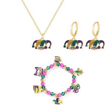 Imagem de QLUYCKW Mardi Gras Colar Brinco Pulseira Conjunto para Mulheres Carnaval Coroa Máscara Chapéu Pingente Colar Roxo Verde Ouro Contas Pulseiras Elásticas Carnaval Feriado Charme Acessório Joias, Medium