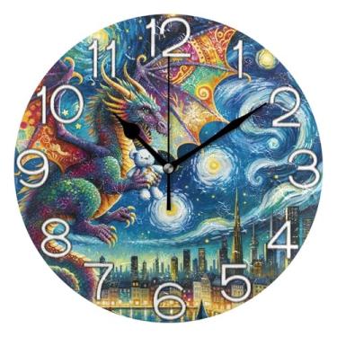 Imagem de GAIGEO Relógio de parede analógico decorativo relógio de cozinha rústico estético silencioso sem tique-taque, decoração de parede retrô moderna art déco colorido desenho animado dragão azul, 25 cm