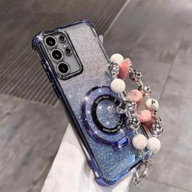 Imagem de Capa com suporte e pulseira de contas com revestimento de glitter à prova de choque para Samsung Galaxy S25 S24 S23 S22 S21 S20 Note 20 Ultra Plus FE, azul, para S25 Plus
