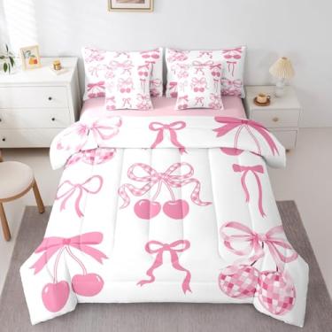 Imagem de Erosebridal Jogo de cama casal com laço rosa e laço rosa cereja para meninos e meninas, 7 peças, conjunto de cama em uma bolsa, conjunto de cama com nó de princesa