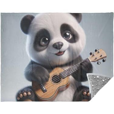 Imagem de Cobertores e mantas macias de urso ukulele panda personalizado 177,8 cm x 139,7 cm sherpa cobertores de sofá para mulheres cobertor de pelúcia cinza
