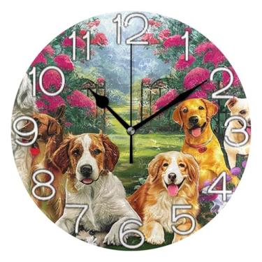 Imagem de GAIGEO Relógio de parede analógico decorativo floral para cães fofos com flores de animais, relógio de cozinha bonito operado a pilhas, decoração de sala de estar, arte moderna, 25 cm, ponteiros
