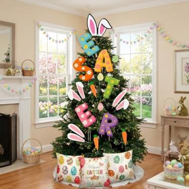 Imagem de HunnmingRe 20 peças de decoração de Páscoa, enfeite de árvore, orelha de coelho, enfeite de árvore de ovo de Páscoa, enfeites de madeira cenoura e cordão de luzes para festas, primavera, escritório