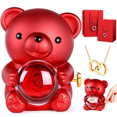 Imagem de Ursinho de pelúcia fofo com rosa preservada, colar de coração duplo, musical - serve como caixa de música e armazenamento/vitrine de joias - presente romântico para ela: Dia das Mães, casamentos