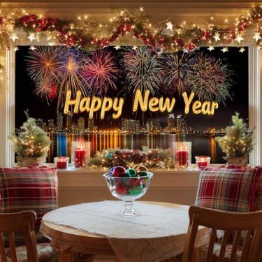 Imagem de HOMETITUTE Feliz Ano Novo Fogos de Artifício Static Cling Window Cover PVC Privacy Glass Sheet 90,3 x 17,7 polegadas Painel Decorativo Aderente Reutilizável Cidade Noturna Exibição para Decoração de