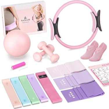 Imagem de NANATI Kit de Pilates 16 peças, kit essencial de Pilates para mulheres, equipamento de Pilates com anel e bola de Pilates de 36,8 cm, 8 faixas de resistência, acessórios para halteres e meias de