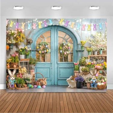 Imagem de Mocsicka Pano de fundo de páscoa azul portas de madeira tijolo coelho foto banner primavera loja feliz pano de fundo de Páscoa decorações de festa adereços de cabine de fotos (3 x 2 m (304 x 208 cm)