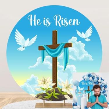 Imagem de OERJU Capa de fundo redondo He is Risen Páscoa Jesus cenário de fotos ressurreição de páscoa fundo redondo cruz de Páscoa religiosa dia de Páscoa decorações de festa arco igreja cristã adereços de