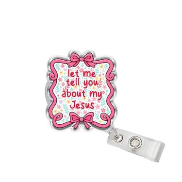 Imagem de OKOMCM Let Me Tell You About My Jesus Carretéis de crachá retráteis, laço de fita Coquette tamanho 5 cm clipe de cinto acrílico suporte de crachá de identificação, cordão de crachá, acessórios