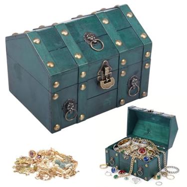 Imagem de Tcwhniev Caixa de tesouro, baú de tesouro de madeira vintage com trava de metal grande capacidade caixa de armazenamento de joias de madeira retrô organizador retangular para mulheres anel colar