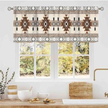 Imagem de Cortinas de saia asteca ocidental, boho sudoeste Natvie tribal americano étnico abstrato geométrico vintage retrô bege pequena janela sanefa para café, sala de estar, quarto, armário, banheiro, 137 x