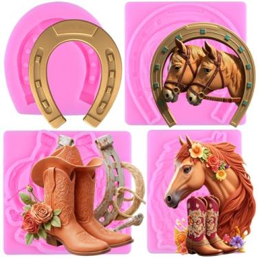 Imagem de MIYAHOUSE Horse Shoes Fondant Moldes de silicone para decoração de bolos, topo de cupcake, pasta de goma de chocolate, argila de polímero, conjunto de 4