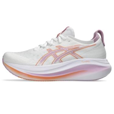 Imagem de ASICS Tênis de corrida feminino Gel-Nimbus 27, Branco/Light Ube, 8.5 Wide