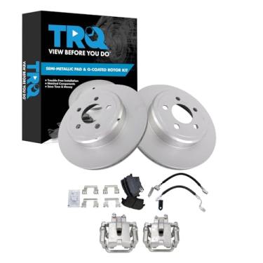 Imagem de TRQ Kit de pastilha de freio traseiro e rotor semi-metálico premium revestido com G compatível com Chrysler 300 2011-2015 Dodge Challenger 2010-2016 Charger 2005 Magnum 2005