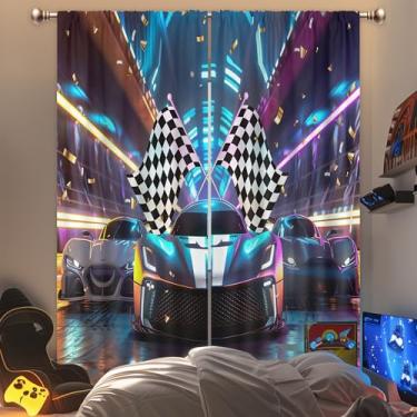 Imagem de Mitpok Cortinas de carro de corrida para quarto 132 cm L x 213 cm de altura com bolso de haste bandeira xadrez preta branca legal esportes automobil speed game competição neon para homens meninos