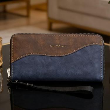 Imagem de Carteira masculina azul de negócios multi compartimentos com zíper cor sólida couro PU grande capacidade, design de zíper multi-compartimentos azul negócios em couro PU cor sólida, espaçosa