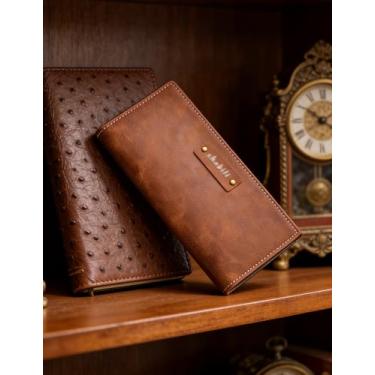 Imagem de Carteira longa casual ultrafina para homens, carteira de couro aberta com bloqueio RFID e grande capacidade, organizador com vários compartimentos para cartões essenciais para o dia a dia (bronzeado