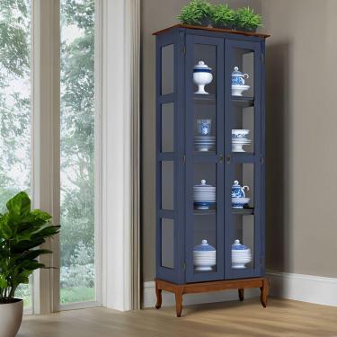 Imagem de Cristaleira De Madeira 2 Portas Pés Luiz Xv - Azul Bic Laca Com Tampo E Base Imbuia Glazer