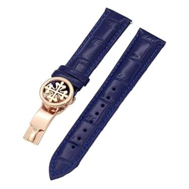Imagem de MURVE Pulseira de relógio de couro genuíno 19MM 20MM 22MM Pulseiras para Patek Philippe Wath pulseiras com fecho de implantação de aço inoxidável homens mulheres (cor: ouro rosa azul, tamanho: 20mm)