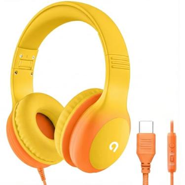 Imagem de ADOOPE Fones de ouvido infantis com fio com plugue USB C, proteção auditiva segura para limitar volume de 85/94 dB, faixa de cabeça ajustável, fones de ouvido sem emaranhamento para escola, tablet