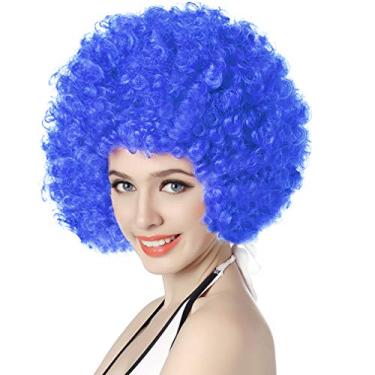 Imagem de Peruca unissex curta afro - 30,5 cm crespo sintética festa de Halloween fantasia hippie 70 cabelo cosplay peruca (azul)