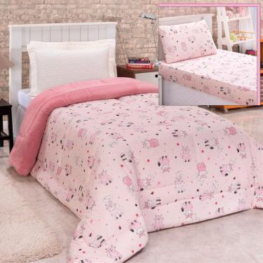 Imagem de Coordenado Coberdrom Edredom e Lençol Solteiro 3 Peças Gatinha - Rosa