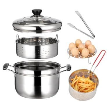 Imagem de Panela de fritadeira de aço inoxidável 304 de 6 peças com cesta, panela multifuncional de 4,2 Qt/4L com tampa de vidro, cesta de vaporizador, cesta de fritura, pinças de alimentos e rack de ovos