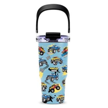 Imagem de NIAXAUYT Copo Monster Truck com alça superior e tampa dobrável com canudo 590 ml, copos de viagem isolados de aço inoxidável para meninos - Ideias de aniversário de Natal para crianças Monster Truck
