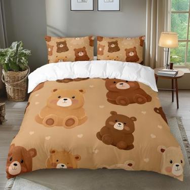 Imagem de AILONEN Conjunto de 3 peças de capa de edredom de urso fofo tamanho king para crianças adolescentes - conjunto de cama de urso kawaii marrom - capa de edredom de desenho animado de animais com 2
