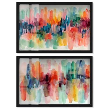 Imagem de Conjunto de 2 arte de parede de banheiro com estampa de caixa de sombra, energia costeira e azul-petróleo e coral, moldura preta, 63 x 43 cm