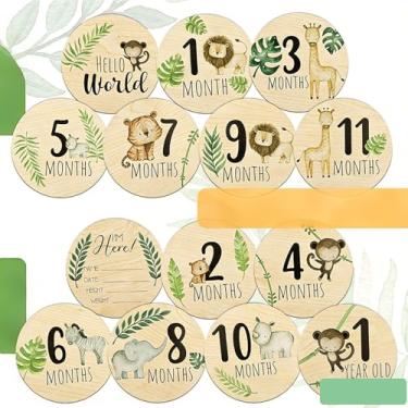 Imagem de Disco de marcadores de marco mensal de madeira, placa de anúncio de nascimento 3D, animais de dupla face, cartas de rodadas do mês Hello World, adereços para fotos, 7 peças