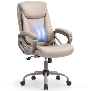 Imagem de Cadeira Escritório Presidente Bege – Design Ergonômico com Apoio de Cabeça Ajustável e Encosto Lombar Regulável – Base Cromada Reforçada – Estofamento Confortável – Yamasoro